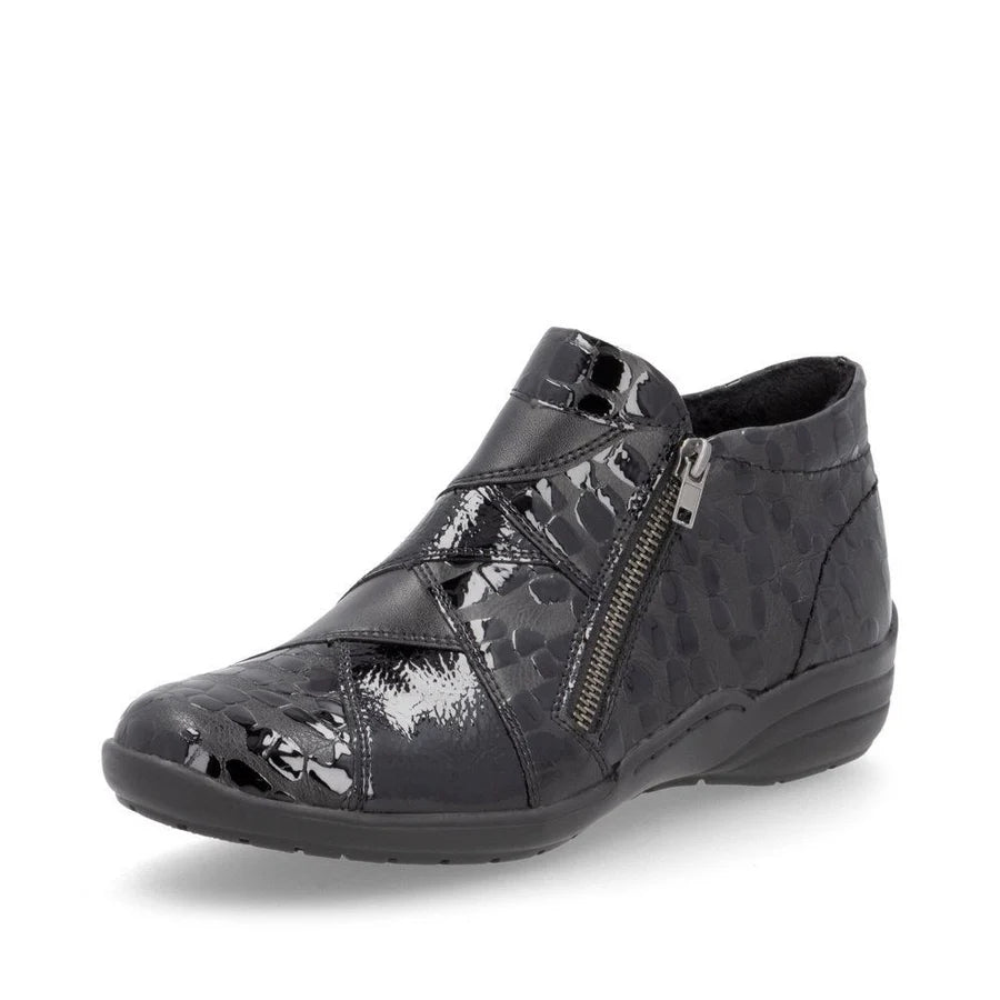 Remonte Ladies Black Leather/Patent Two Zip Boot: R7674-04