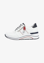 Load image into Gallery viewer, Remonte Ladies White, Navy and Red Wedge Trainers: D0T04-81
