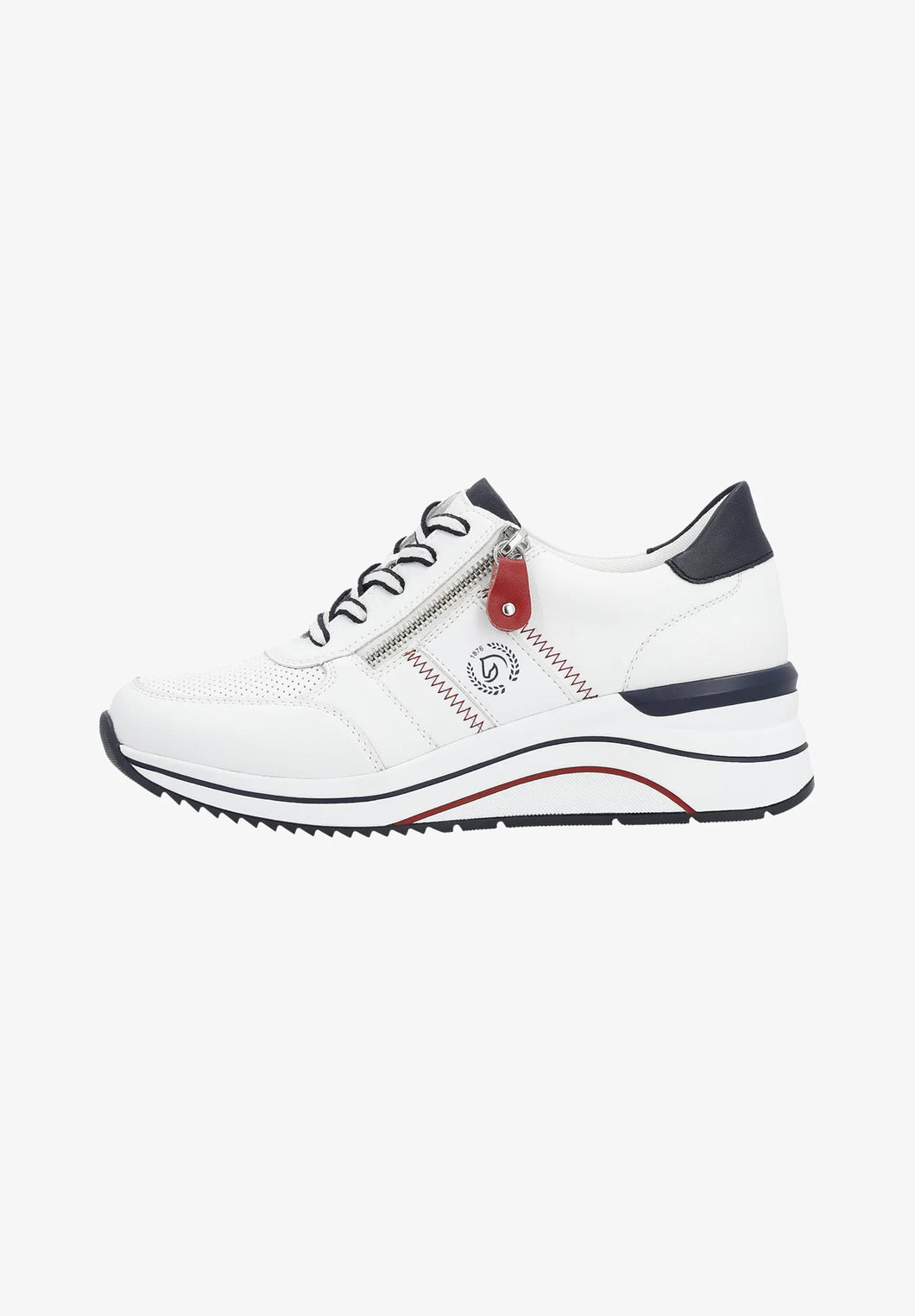 Remonte Ladies White, Navy and Red Wedge Trainers: D0T04-81