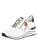 Load image into Gallery viewer, Remonte Ladies White, Navy and Red Wedge Trainers: D0T04-81
