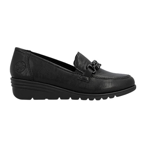 Rieker Ladies Black Low Wedge Loafers:L5361-00