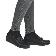 Load image into Gallery viewer, Rieker Ladies Black Low Wedge Loafers:L5361-00
