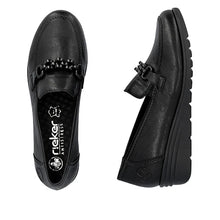 Load image into Gallery viewer, Rieker Ladies Black Low Wedge Loafers:L5361-00
