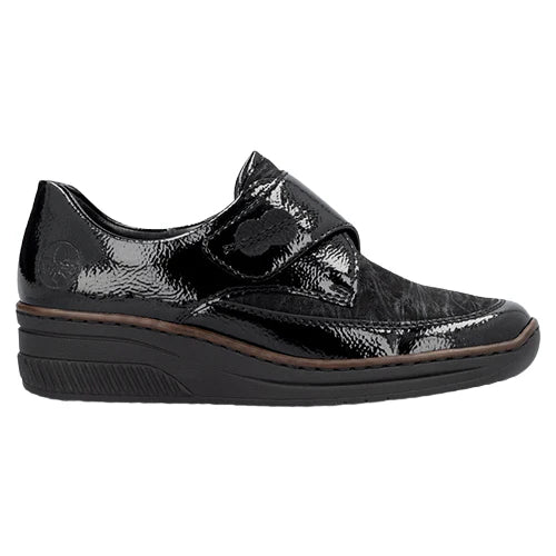 Rieker Ladies Black Patent Velcro Low Wedge Shoe: 487C0-00