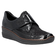 Load image into Gallery viewer, Rieker Ladies Black Patent Velcro Low Wedge Shoe: 487C0-00
