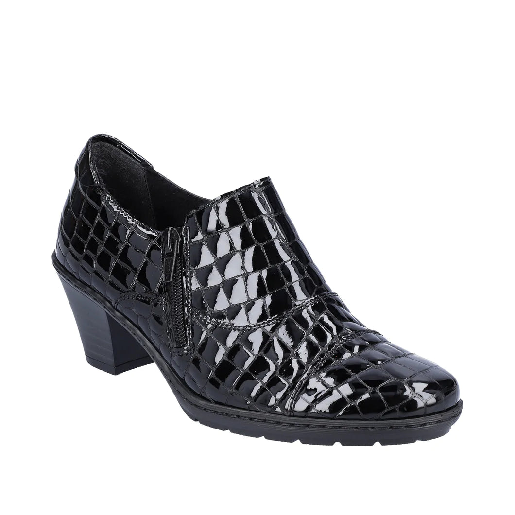 Rieker Ladies Black Patent Print Heel Shoe Boot 57173-03
